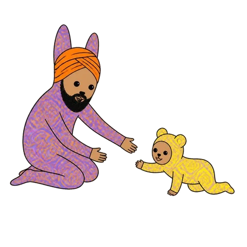 Crawling to Dad in his turban