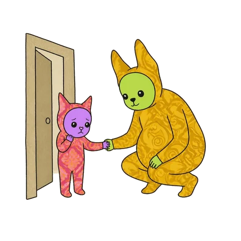A key person crouching to comfort a little one at the door
