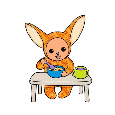 A little creature eating lunch at a small table