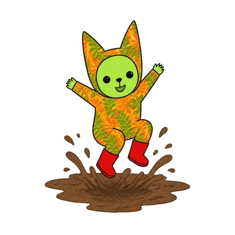 A little creature in red wellies jumping in a muddy puddle